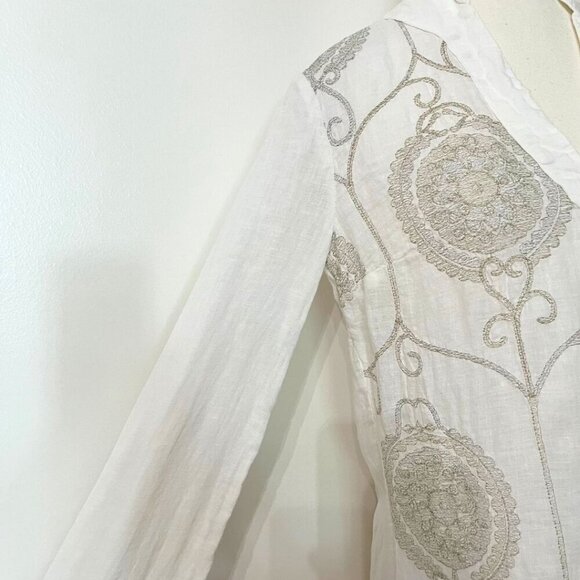 120% LINO WHITE LINEN SILVER GREY MEDALLION PRINT V-NECKLINE SHIFT TUNIC DRESS - Picture 5 of 12